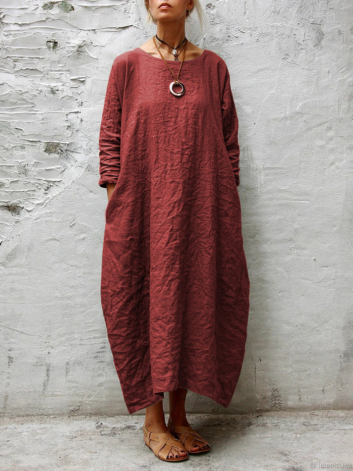 Fashion Long Sleeve Round Neck Solid Color Casual Dress
