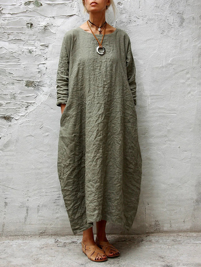 Fashion Long Sleeve Round Neck Solid Color Casual Dress