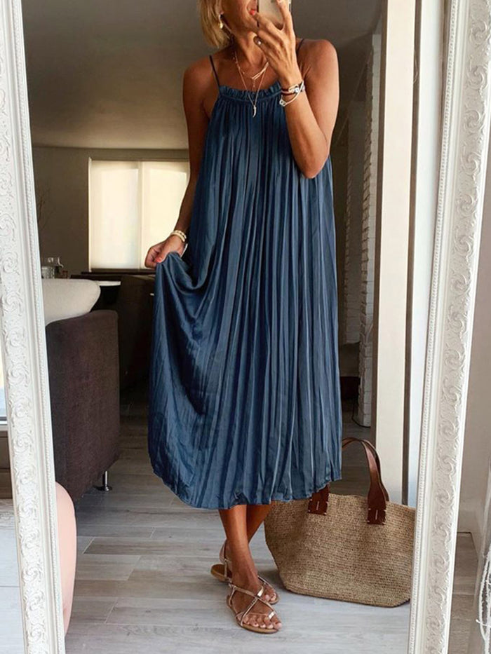 Fashion Pleated Sling Solid Color Casual Maxi Dress