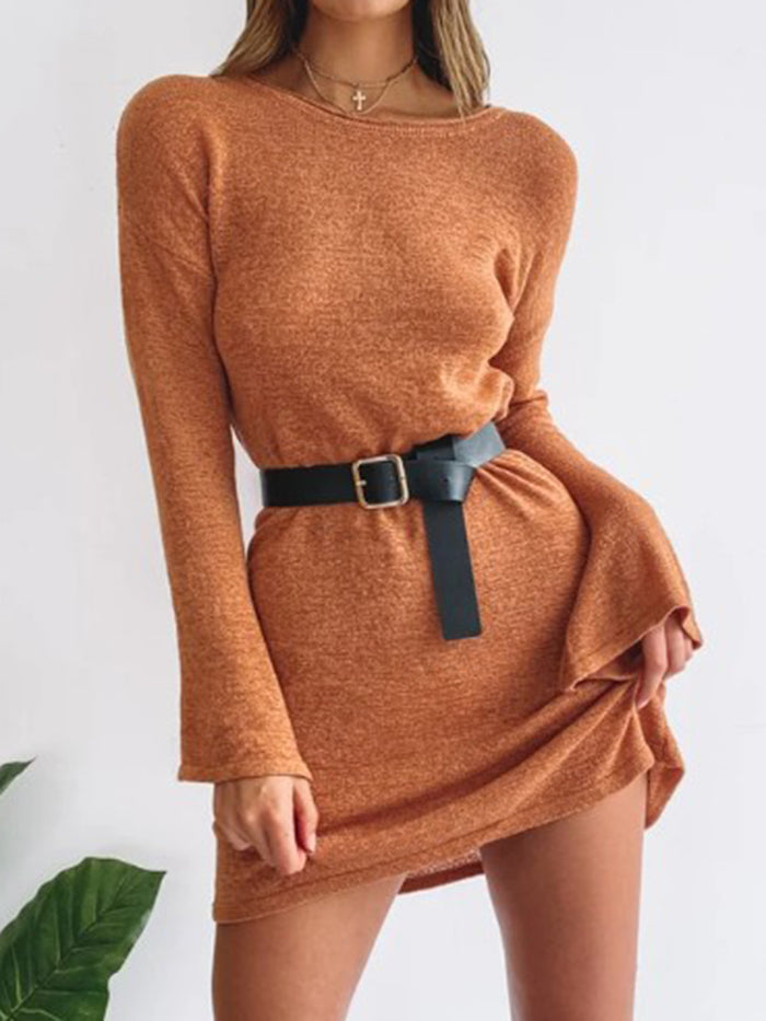 Fashion Solid Color Slim Long Sleeve Round Neck Dress
