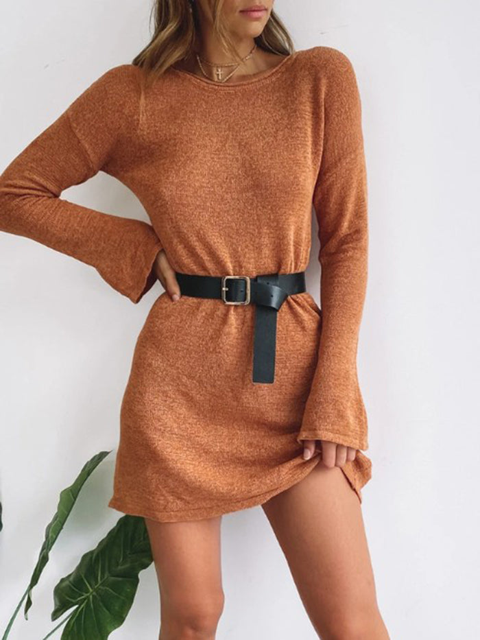 Fashion Solid Color Slim Long Sleeve Round Neck Dress