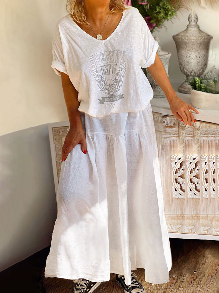 Fashion V-neck Short Sleeve T-shirt Two-piece Skirt