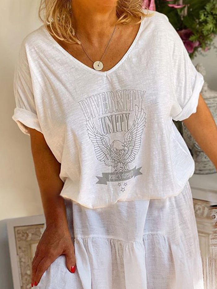 Fashion V-neck Short Sleeve T-shirt Two-piece Skirt