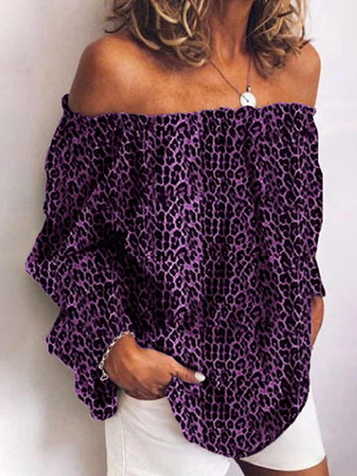 Fashion Word Collar Long Sleeve Leopard Printed Colour Blouse