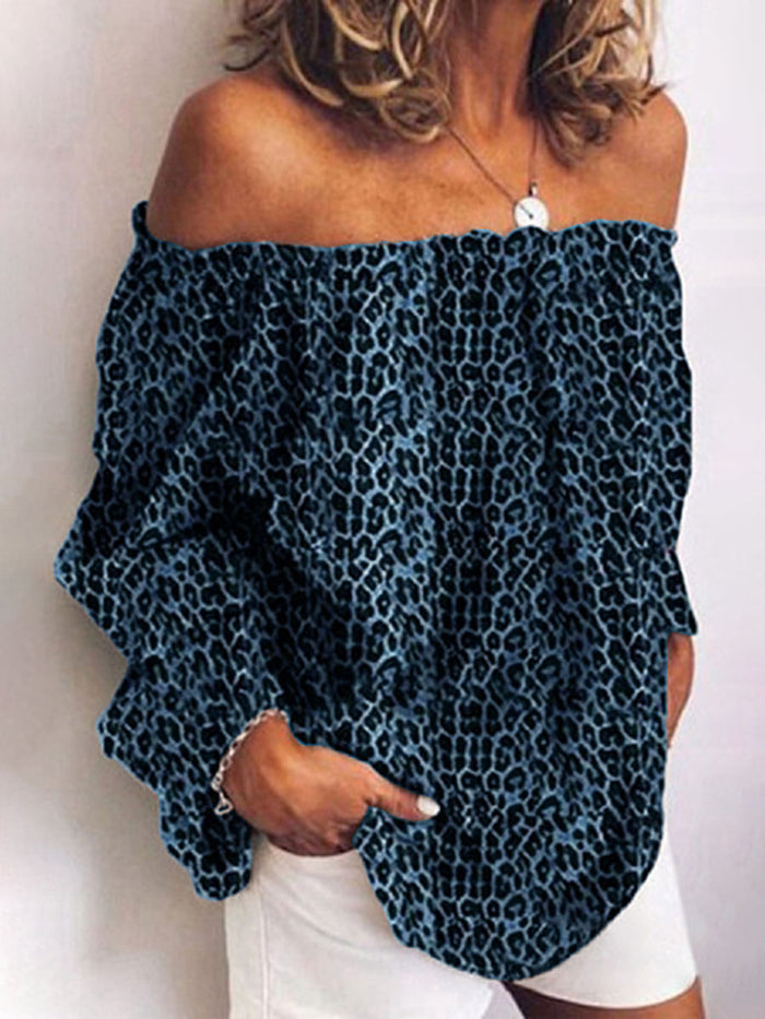 Fashion Word Collar Long Sleeve Leopard Printed Colour Blouse