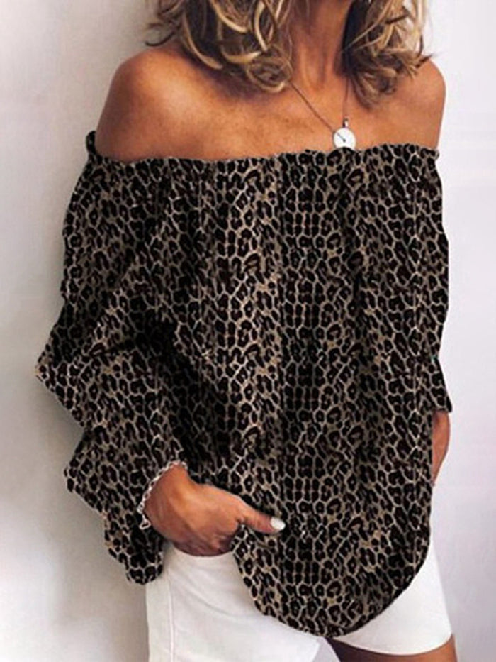 Fashion Word Collar Long Sleeve Leopard Printed Colour Blouse