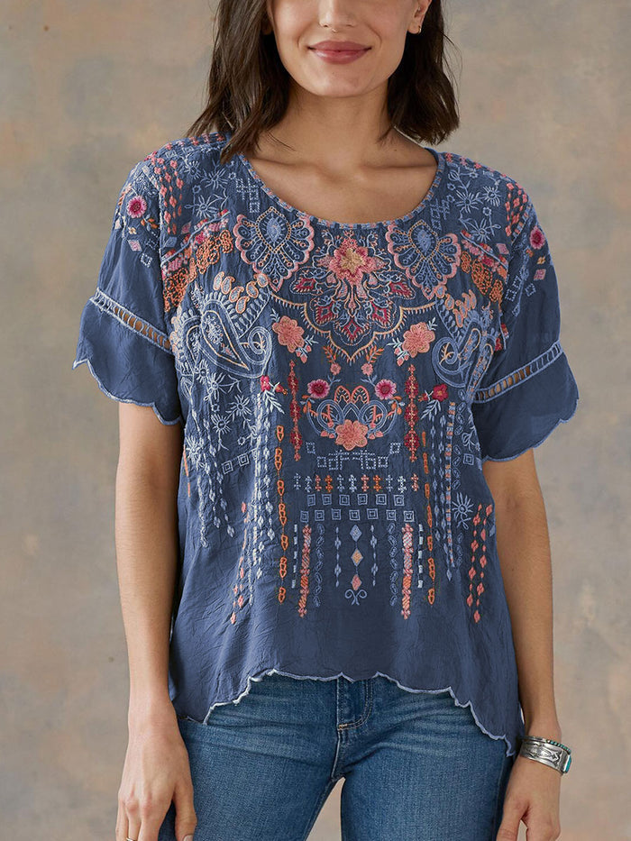 Fashionable Bohemian Printed Round Neck T-shirt