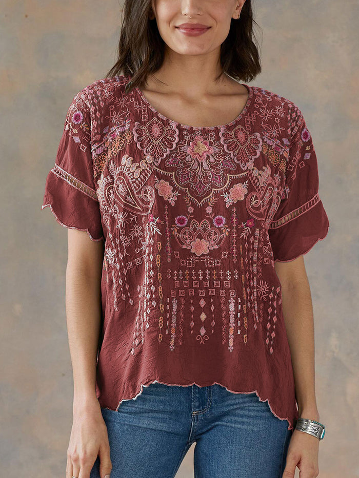 Fashionable Bohemian Printed Round Neck T-shirt