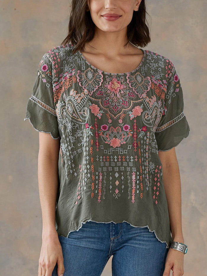 Fashionable Bohemian Printed Round Neck T-shirt