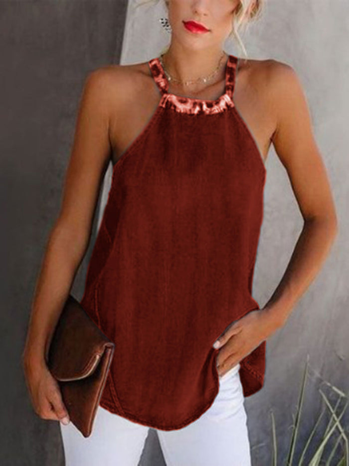 Fashionable Leopard Halter Solid Color Top