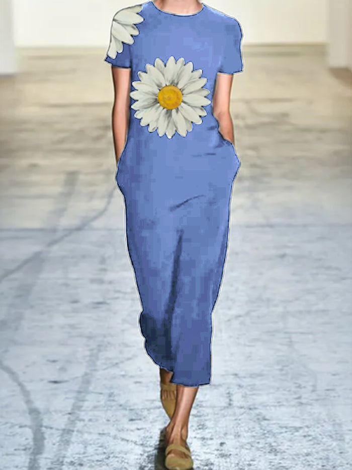 Fashionable Loose Casual Daisy Printed Short Sleeve Jumpsuit