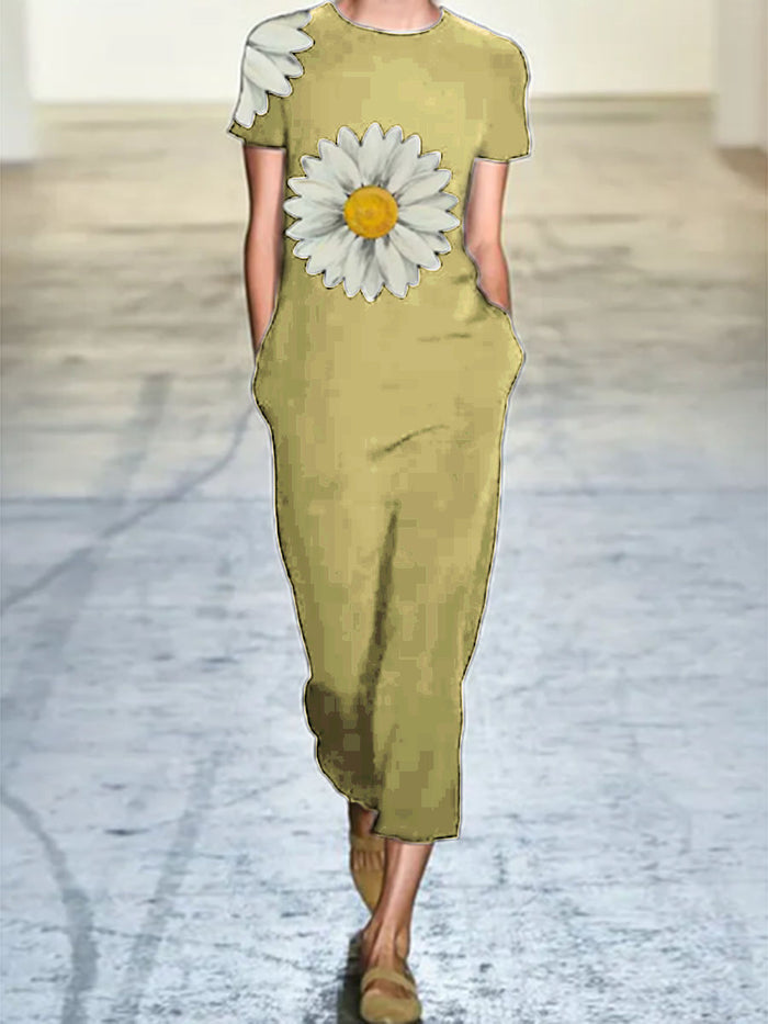 Fashionable Loose Casual Daisy Printed Short Sleeve Jumpsuit