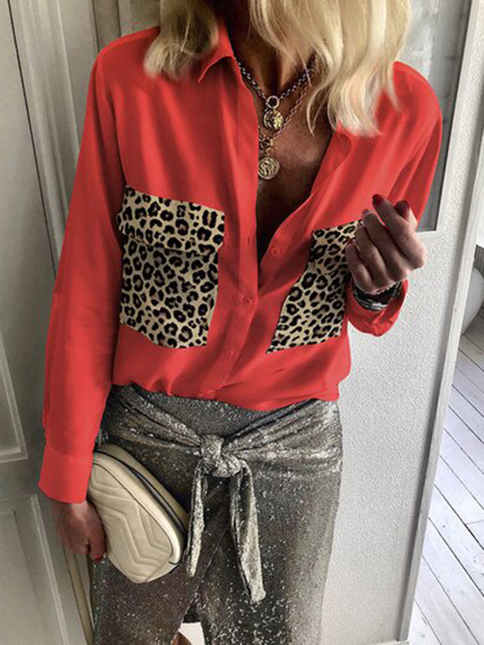 Fashionable Retro Casual Loose Long Sleeve Leopard Colorblock Shirt