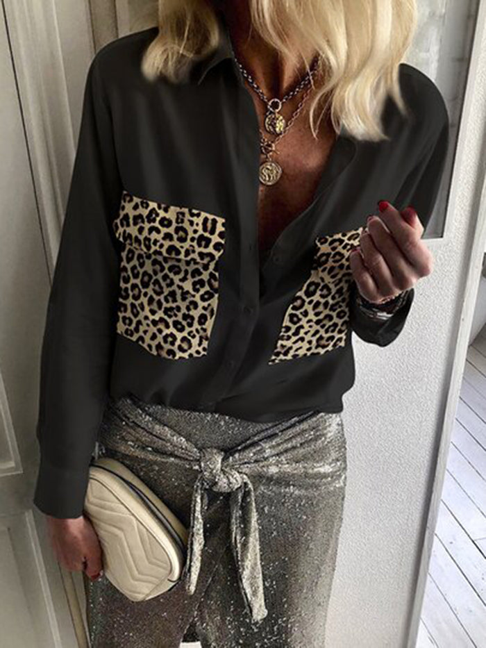 Fashionable Retro Casual Loose Long Sleeve Leopard Colorblock Shirt