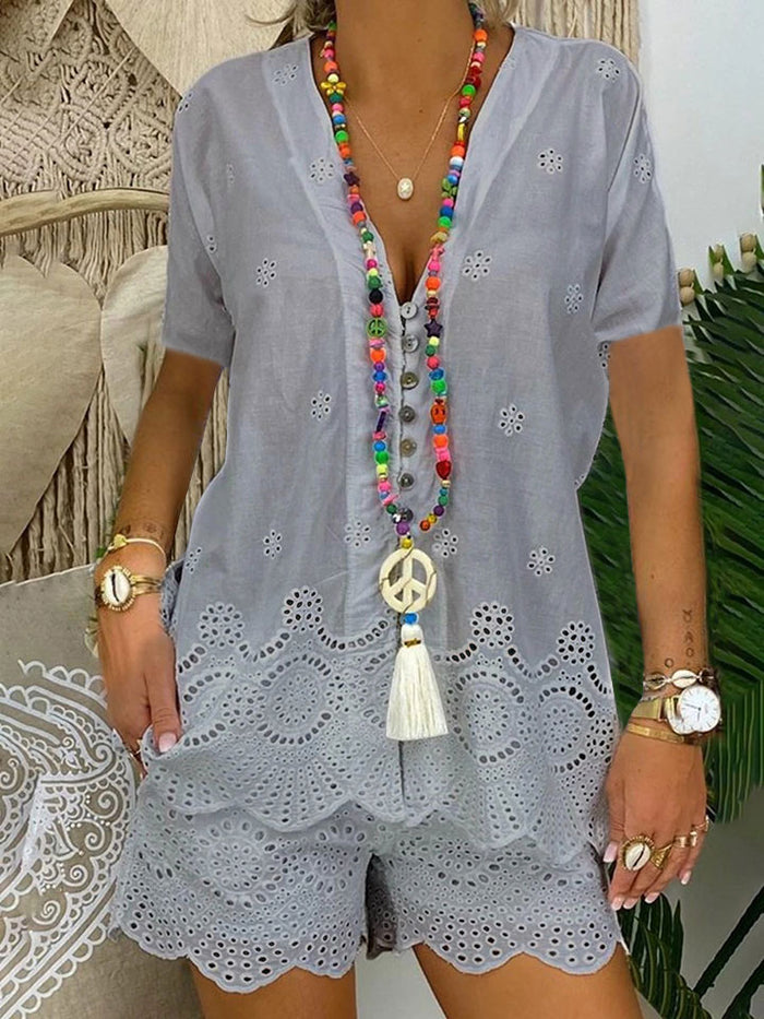 Fashionable Solid Color Hollow Short Sleeve Casual Suit