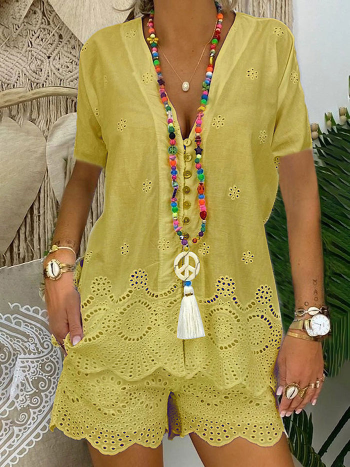 Fashionable Solid Color Hollow Short Sleeve Casual Suit