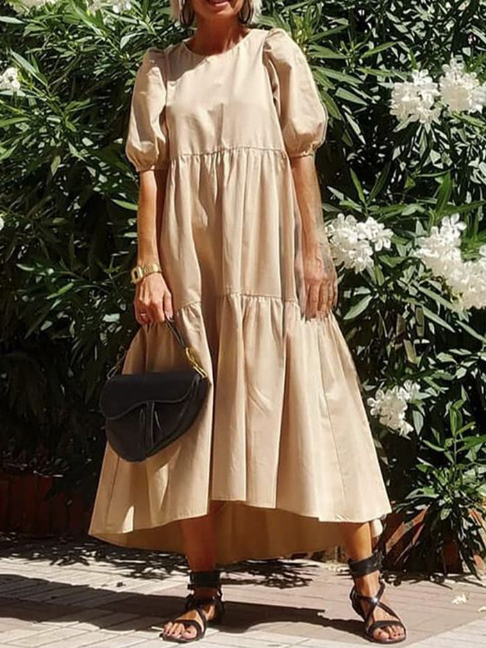 Fashionable Solid Color Round Neck Dress