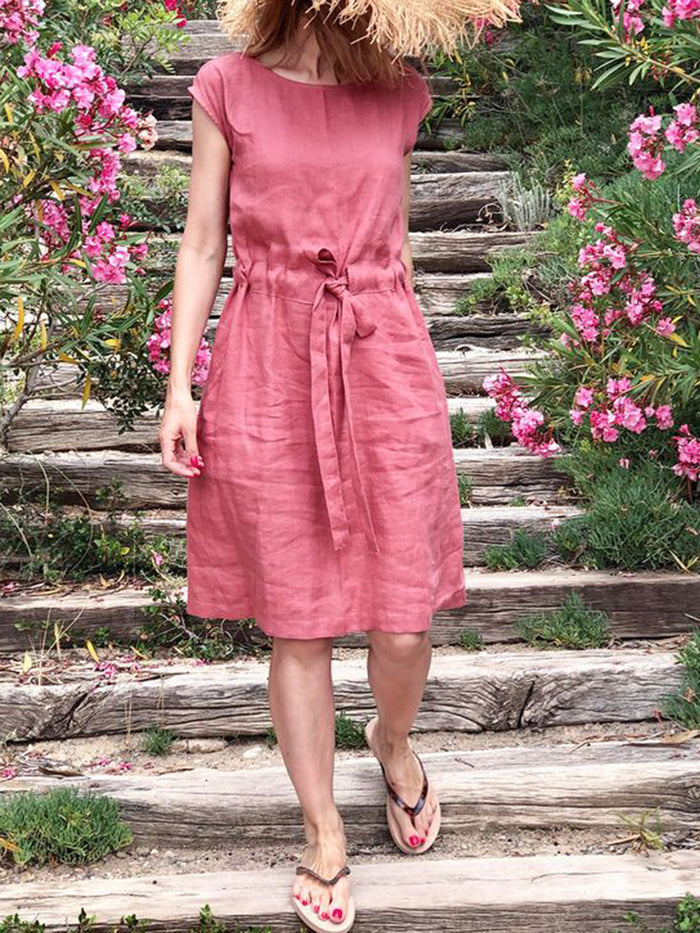 Fashionable Solid Color Round Neck Waist Dress