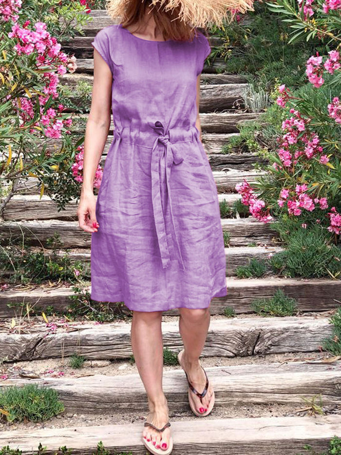 Fashionable Solid Color Round Neck Waist Dress
