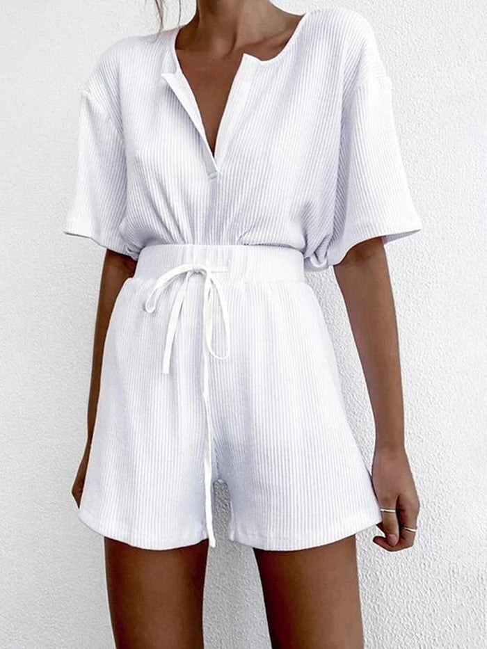 Fashionable Solid Color V-neck Casual Two-piece Suit