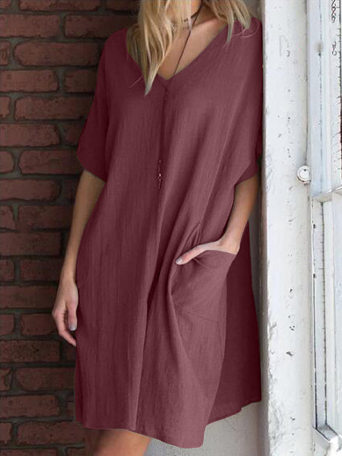 Fashionable Solid Color V-neck Dress