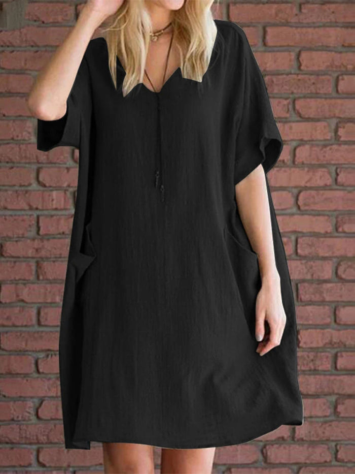 Fashionable Solid Color V-neck Dress