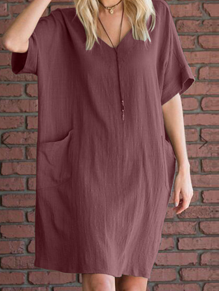 Fashionable Solid Color V-neck Dress