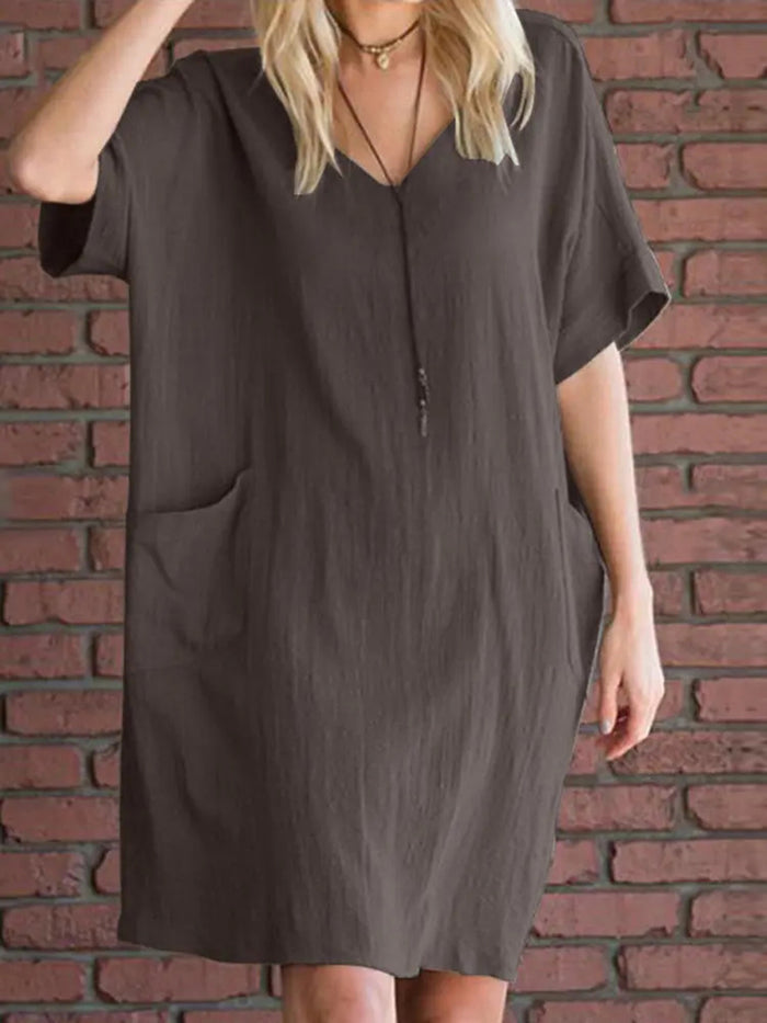 Fashionable Solid Color V-neck Dress