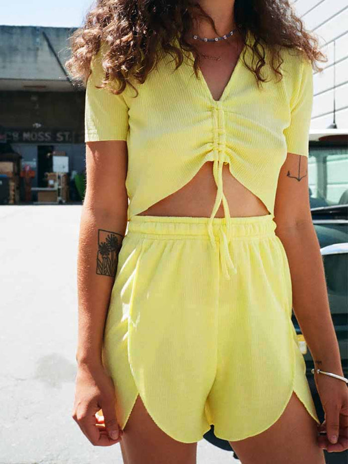 Fashionable Solid Color V-neck Lace Casual Two-piece Suit