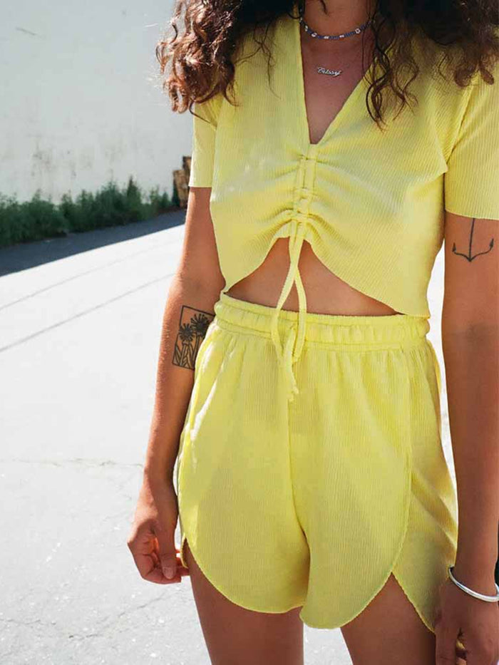 Fashionable Solid Color V-neck Lace Casual Two-piece Suit