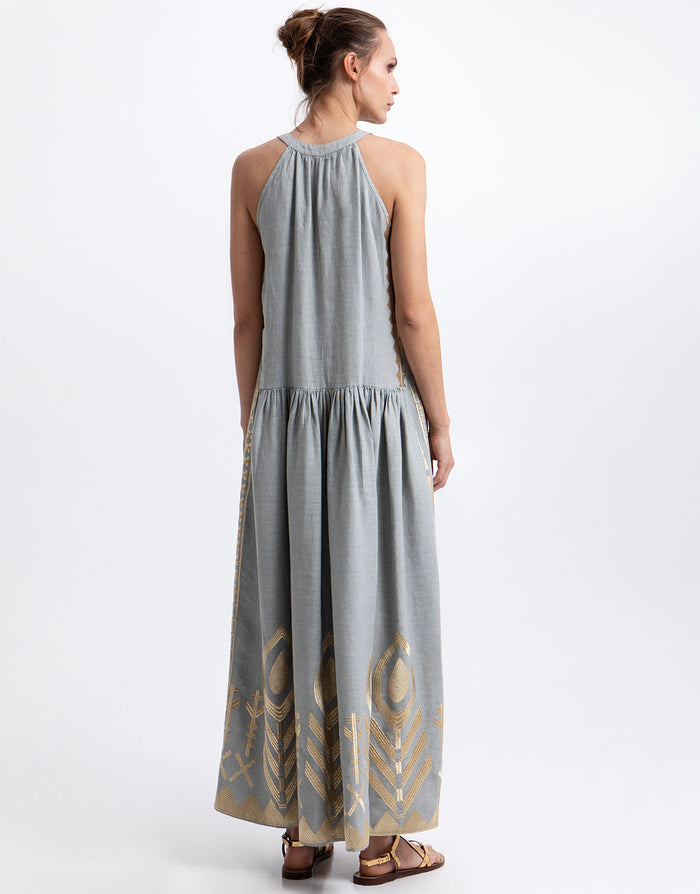 Greek Archaic Kori Feather High Neck Dress - Stone and Gold - Simply Beach UK