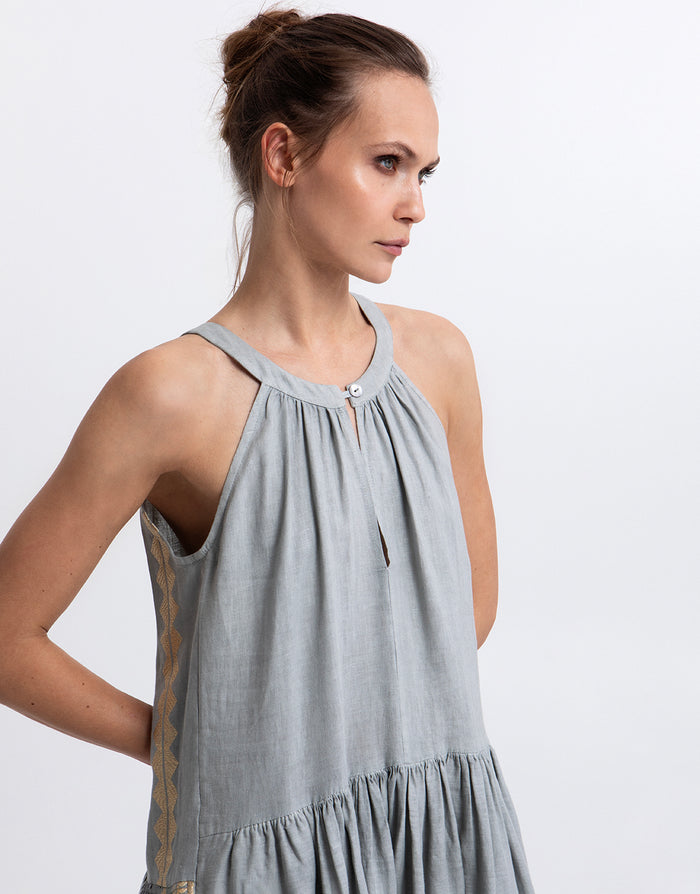 Greek Archaic Kori Feather High Neck Dress - Stone and Gold - Simply Beach UK