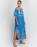 Feather Off The Shoulder Dress - Blue Raf and Gold