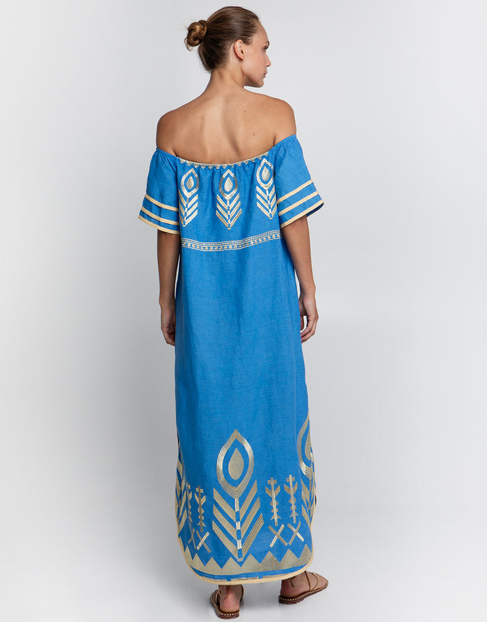 Feather Off The Shoulder Dress - Blue Raf and Gold