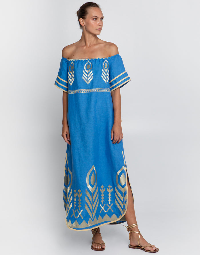 Feather Off The Shoulder Dress - Blue Raf and Gold