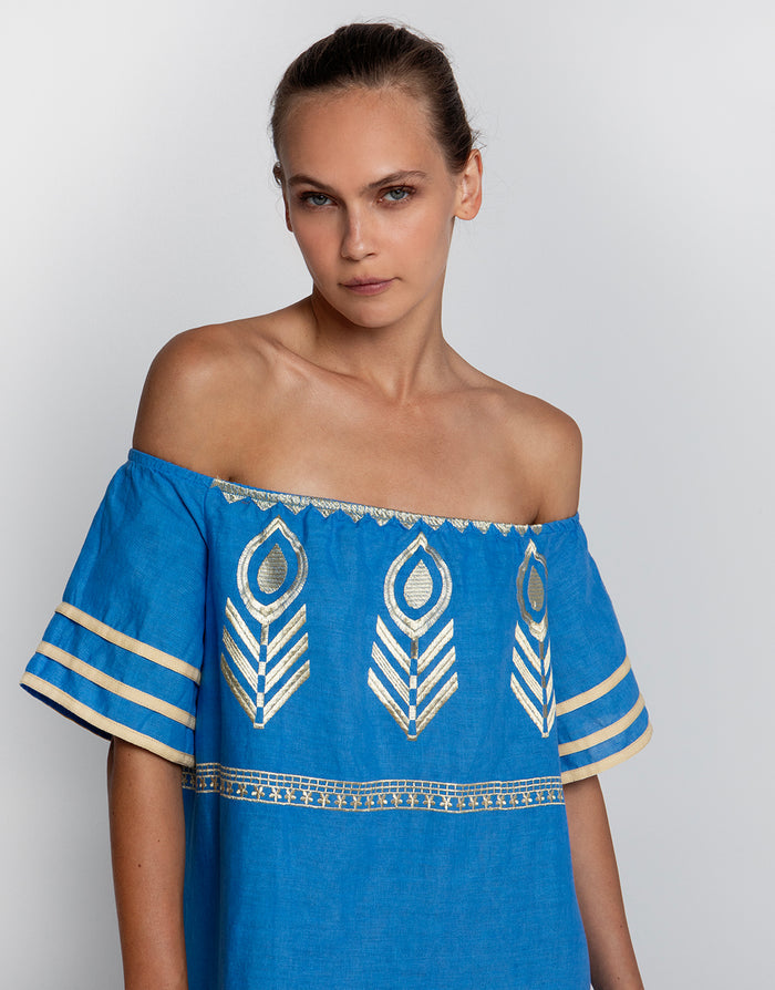 Feather Off The Shoulder Dress - Blue Raf and Gold