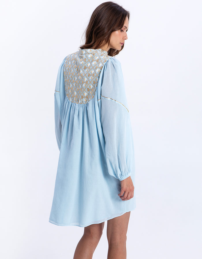 Greek Archaic Kori Flakes Mini Dress - Ciel and Gold with Champagne - Simply Beach UK