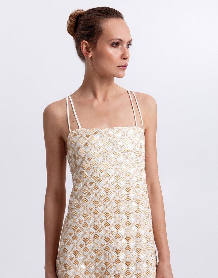 Greek Archaic Kori Flakes Strappy Criss Cross Back Dress - White and Gold with Champagne - Simply Beach UK