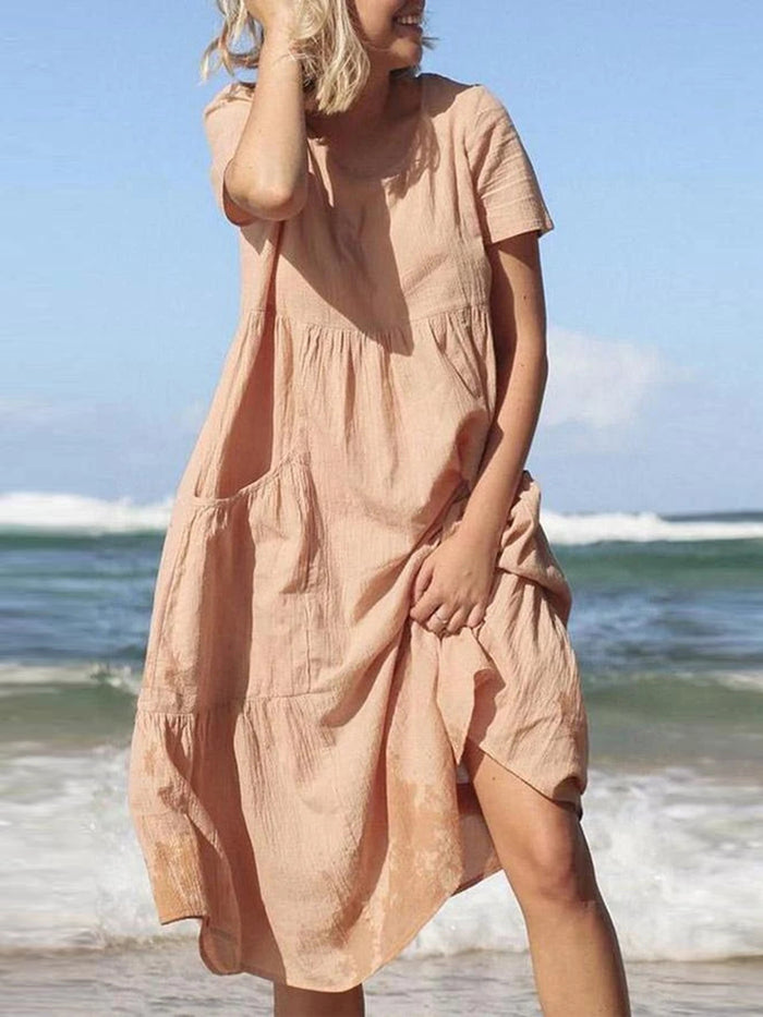 Front Pocket Solid Color Loose Casual Dress