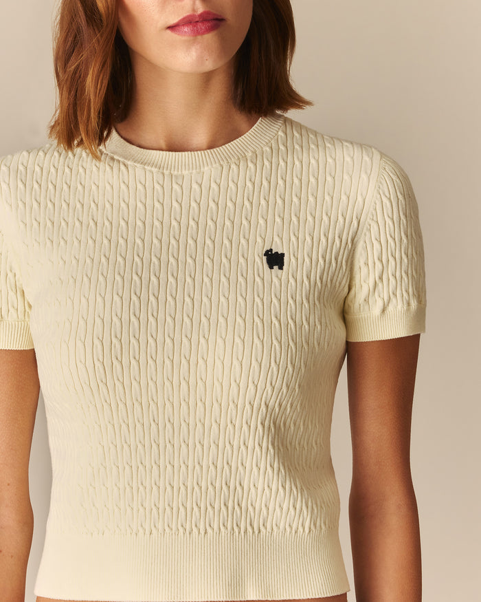 Gemma Cotton Cable Sheep Crewneck Sweater Ivory Ivory / XL