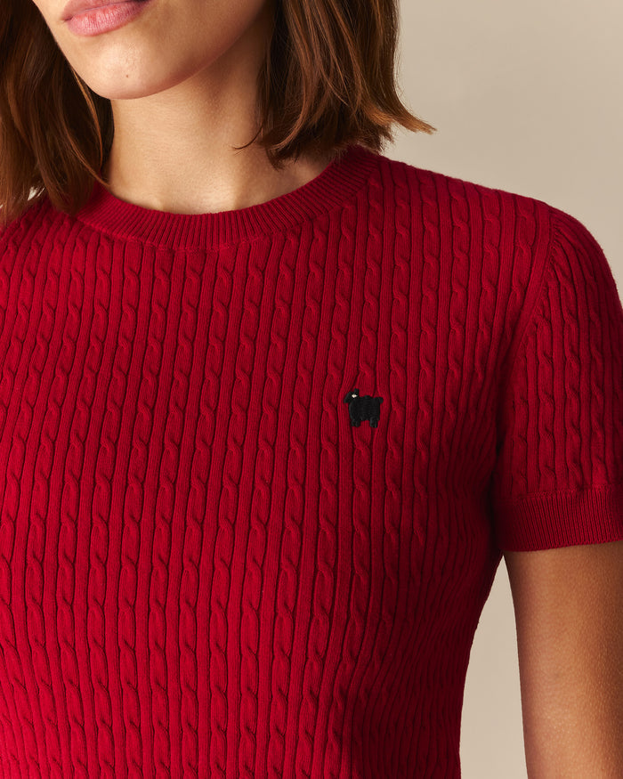 Gemma Cotton Cable Sheep Crewneck Sweater Red Red / XL