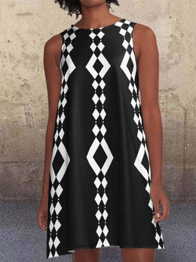 Geometric Pattern A-line Retro Print Pocket Casual Dress