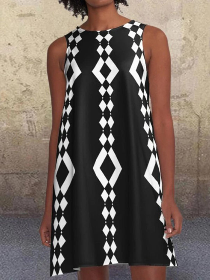 Geometric Pattern A-line Retro Print Pocket Casual Dress