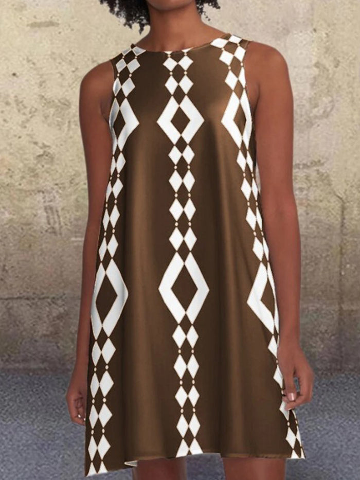 Geometric Pattern A-line Retro Print Pocket Casual Dress