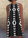 Geometric Pattern A-line Retro Print Pocket Casual Dress