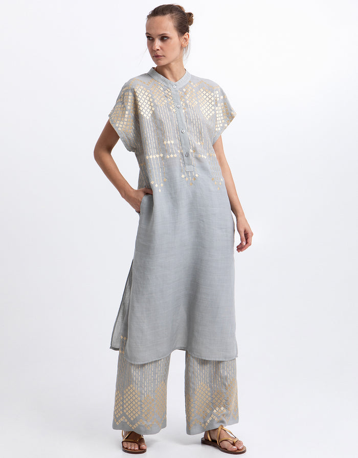 Greek Archaic Kori Grape Midi Tunic Dress - Light Grey and Gold - Simply Beach UK