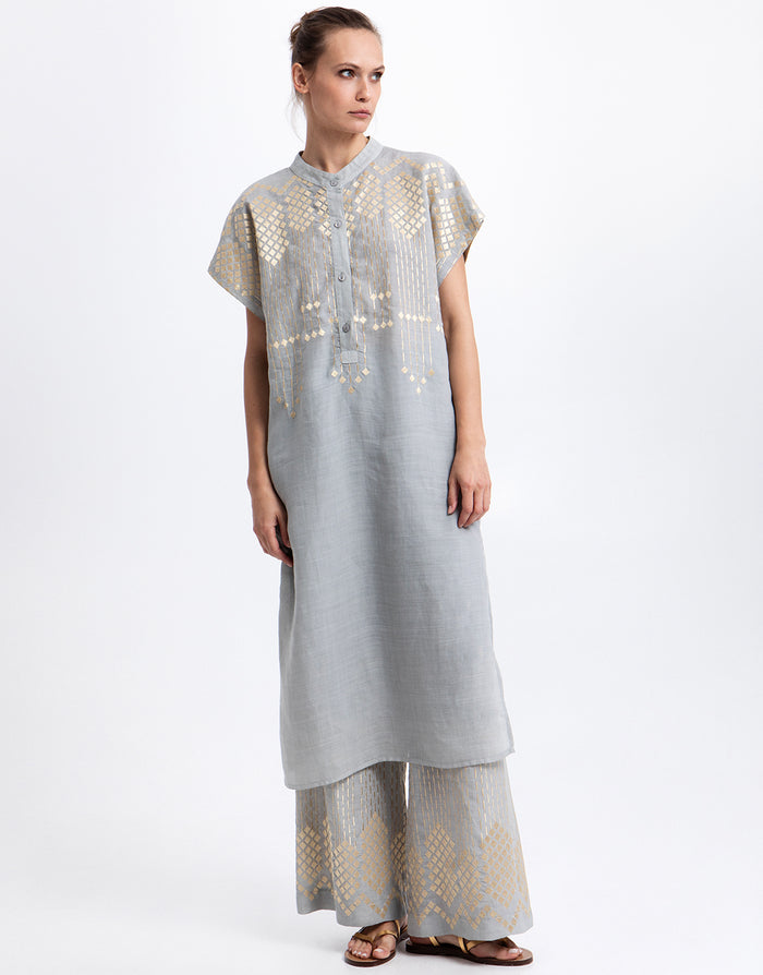 Greek Archaic Kori Grape Midi Tunic Dress - Light Grey and Gold - Simply Beach UK