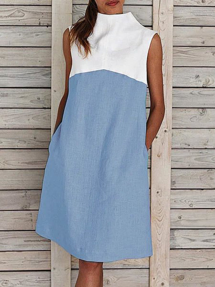High Neck Stitching Sleeveless Mini Dress