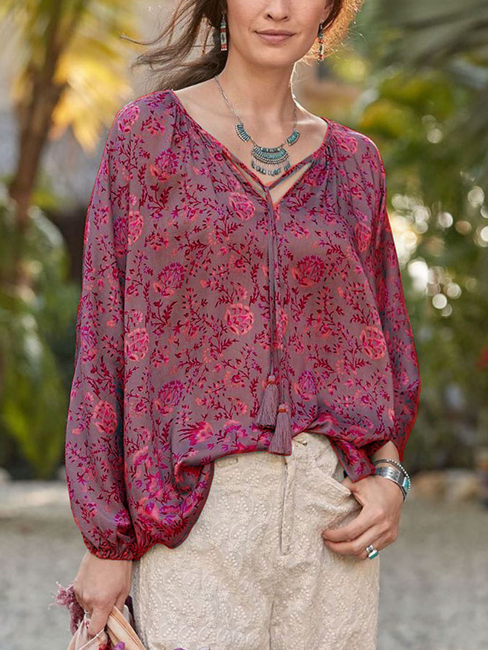 Holiday Bohemian Printed V-neck Long Sleeve Top