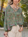 Holiday Bohemian Printed V-neck Long Sleeve Top